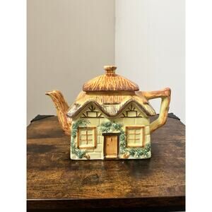 Vintage KSP England Hand Painted Thatched Cottage Teapot Pottery Collectible